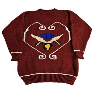 Vintage Style Hand Knit Sweater Red Graphic Heart Design Crewneck Pullover Cozy